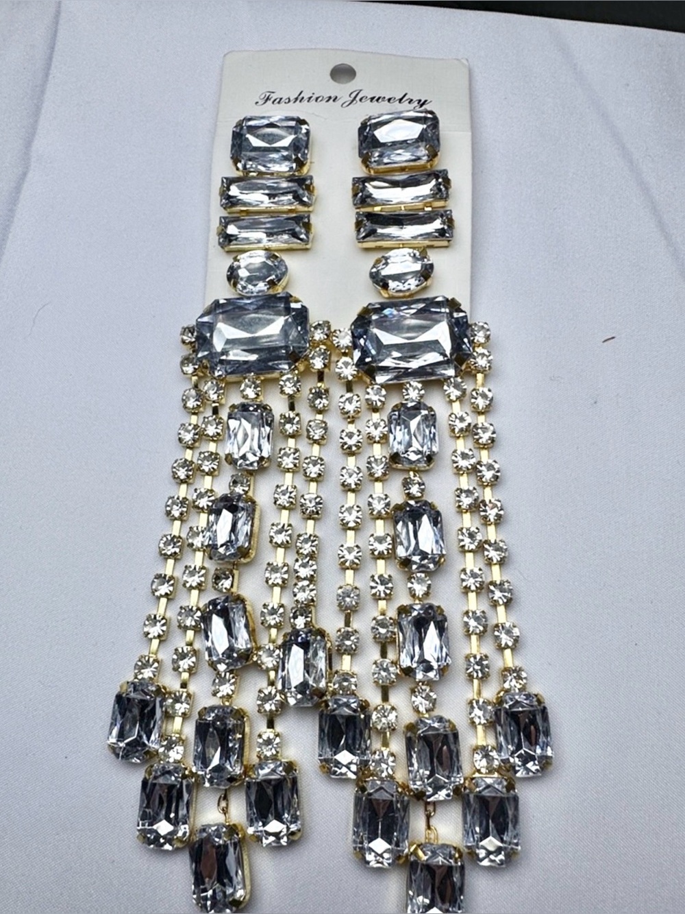 6.25” Fashion Jewelry Gold-Tone Clear Crystal Fringe Drop Earrings